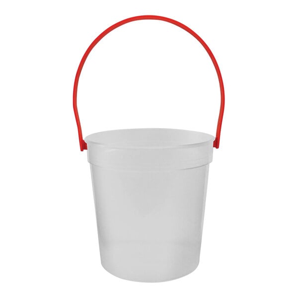 A clear plastic bucket with red handle.