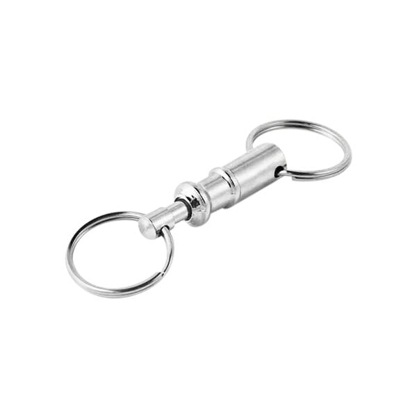 A close-up of a silver KEY-BAK Quick Release Pull-Apart Key Holder with two split rings.