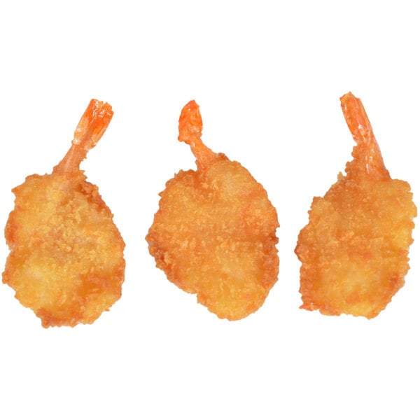 A group of fried Mrs. Friday's breaded shrimp.