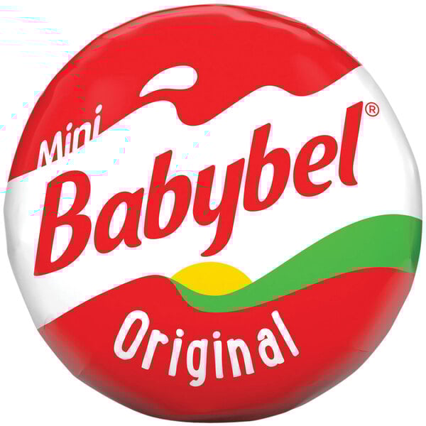 A round red and white Babybel wrapper with white, red, and green text.