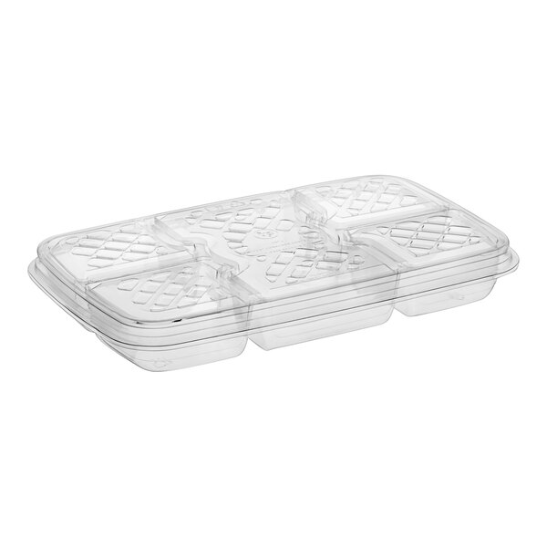 A clear plastic Inline Plastics rectangular platter with 7 compartments.