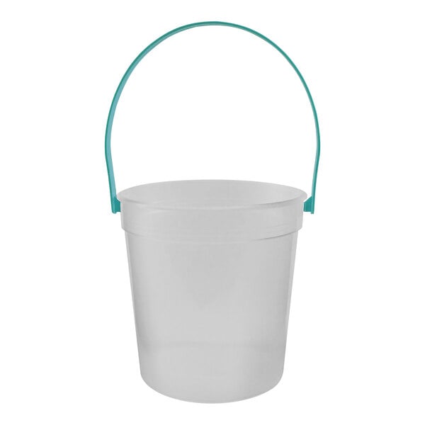 A white plastic bucket with teal handles.