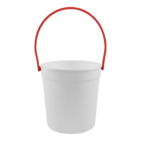 A white Howw Manufacturing plastic drink bucket with red handles.
