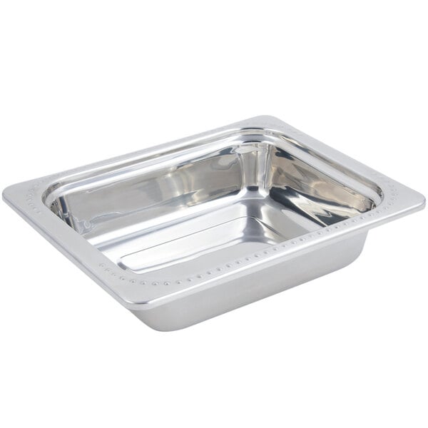 A Bon Chef stainless steel half size rectangular food pan with a Bolero design.