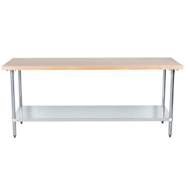 An Advance Tabco wood top work table with a galvanized metal base and undershelf.