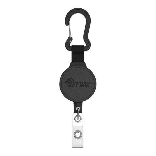 A black KEY-BAK badge holder with a carabiner clip.