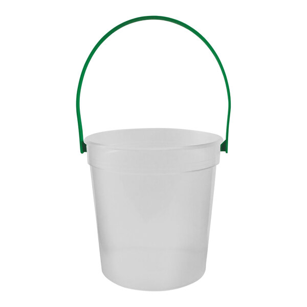A clear plastic drink bucket with green handles.