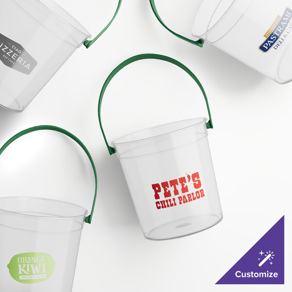 A group of clear Howw Manufacturing plastic buckets with green handles.