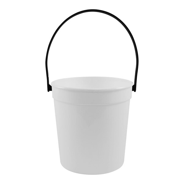 A Howw Manufacturing white plastic drink bucket with a black handle.
