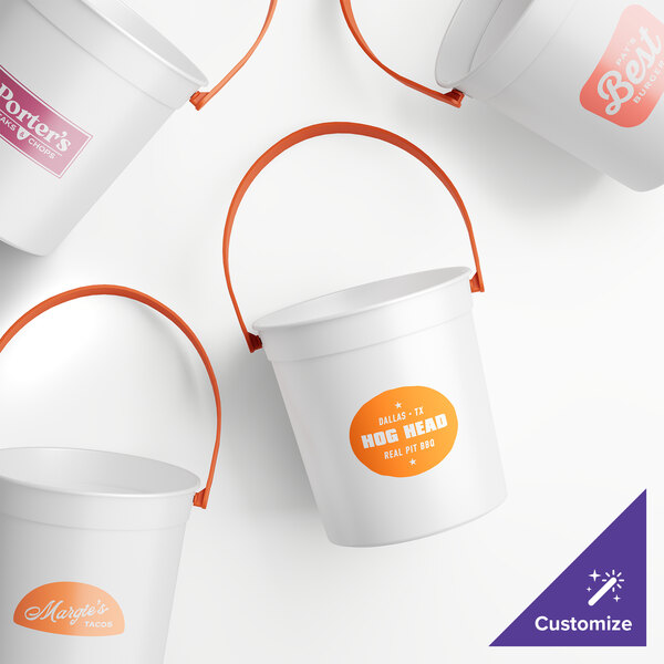 A white Howw Manufacturing plastic drink bucket with orange handles.