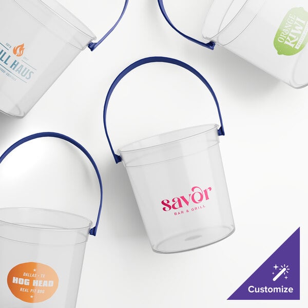 A group of clear Howw Manufacturing plastic drink buckets with blue handles.