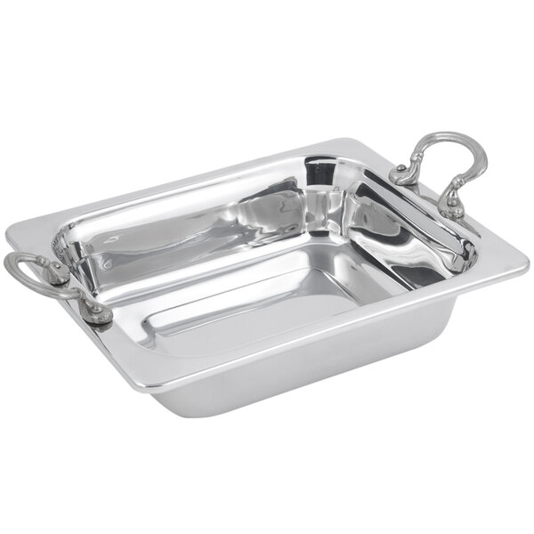A silver rectangular Bon Chef food pan with round stainless steel handles.