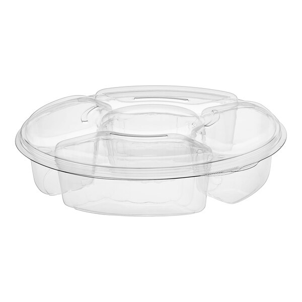 A clear plastic Inline Plastics 5-compartment round platter with lids.