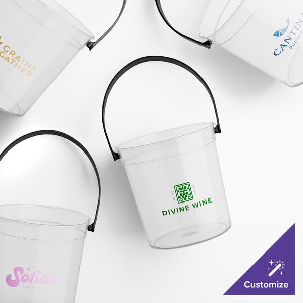 A group of clear Howw Manufacturing plastic buckets with black handles.