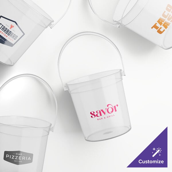 A group of clear plastic Howw Manufacturing drink buckets with clear handles.