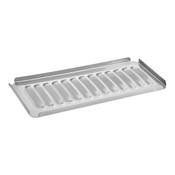 A stainless steel drip pan cover with a handle.