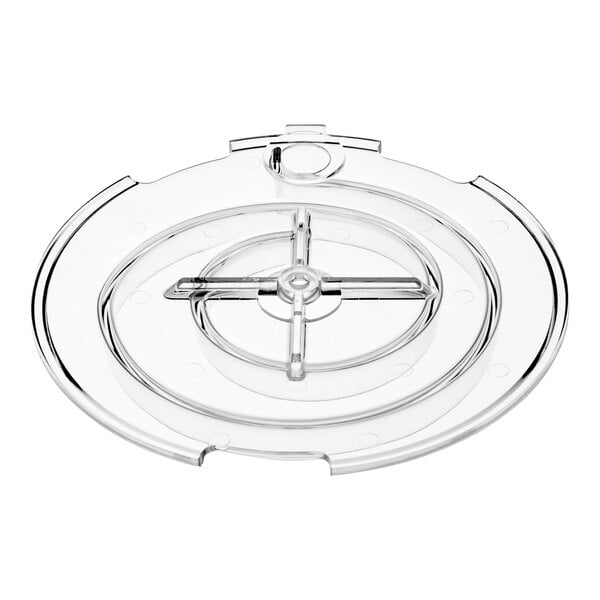 A clear plastic lid with a circular design.
