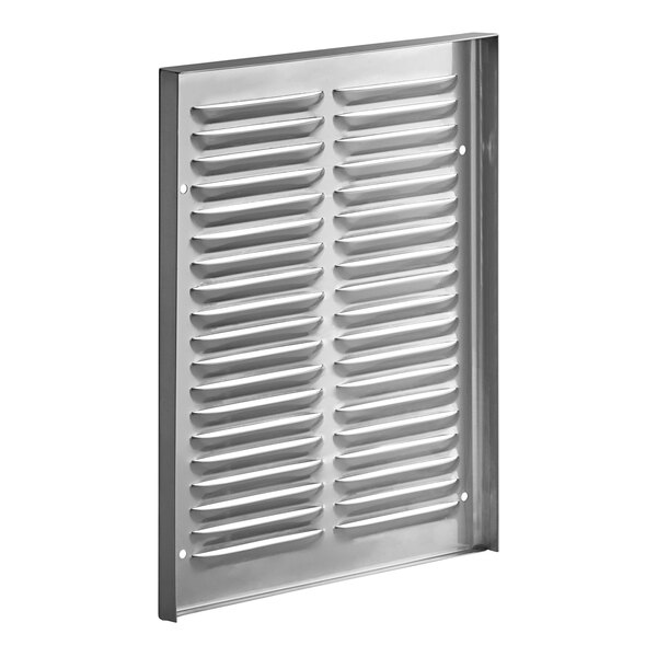 A stainless steel rectangular panel with black lines on the left side.