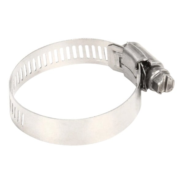 A metal Hobart hose clamp with a nut.