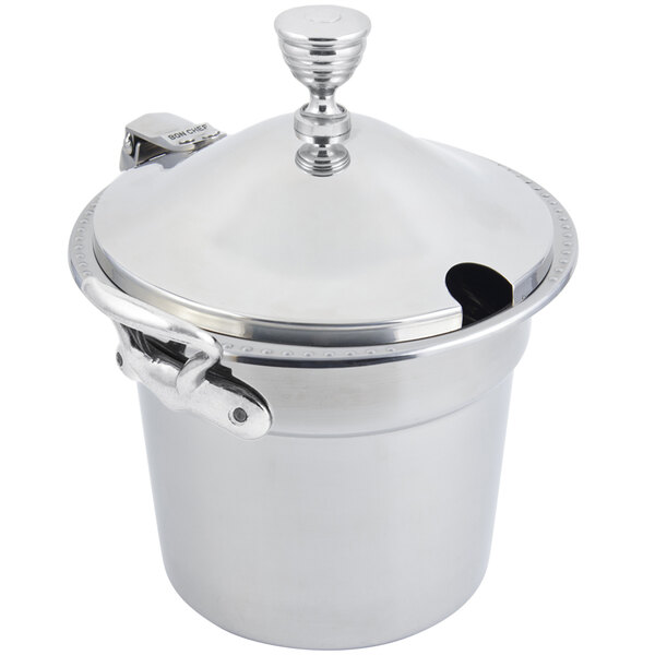 A silver stainless steel Bon Chef soup tureen with round stainless steel handles and chrome accents.