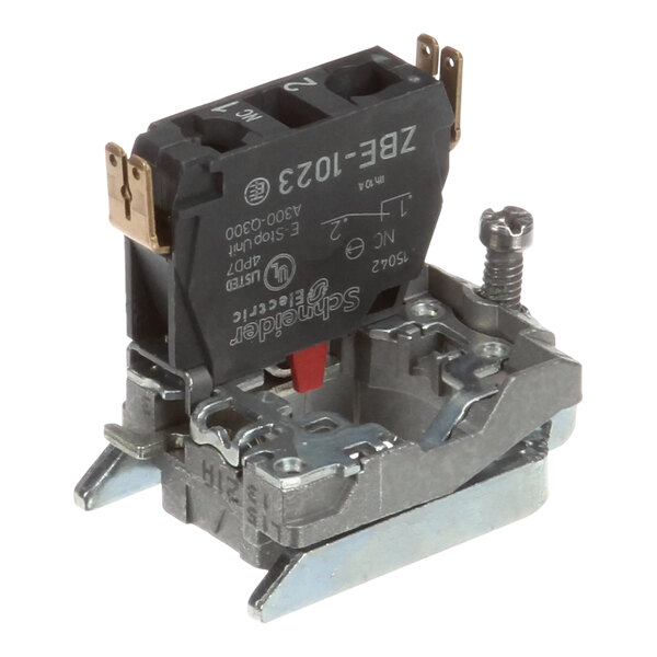 A close-up of a black and silver Hobart electrical device with a red and black switch.