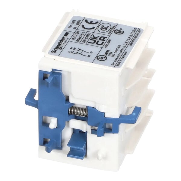 A white and blue Hobart auxiliary switch with a blue wire.