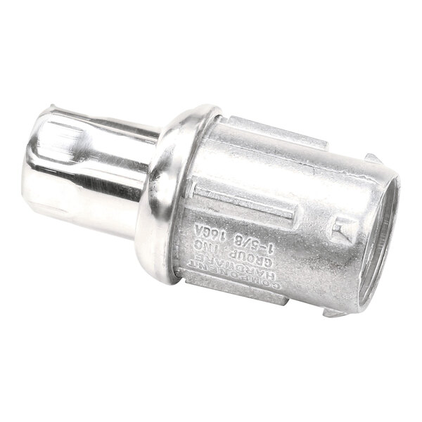 A close-up of a silver metal Hobart adjustable foot connector.