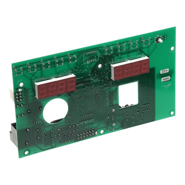 A close-up of a green Hobart PCB with red numbers.