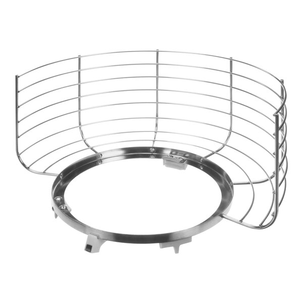 A metal wire basket with a round ring.