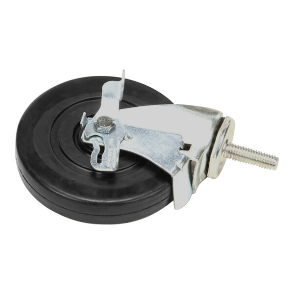 A metal wheel with a black screw on it.