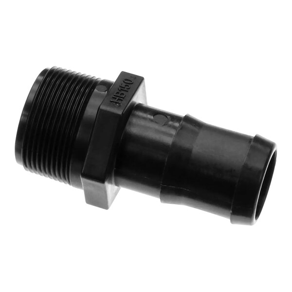 A black plastic pipe fitting with a barbed end.