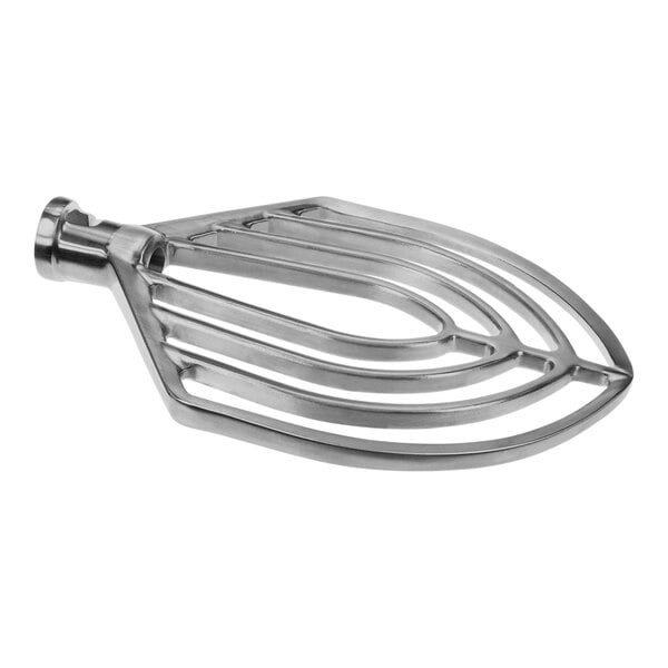 A stainless steel Hobart 60 quart mixer whisk with a handle.