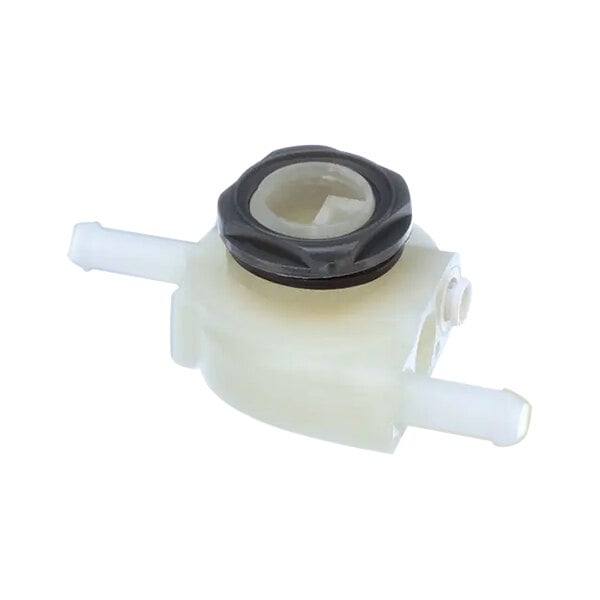 A white plastic Hobart chemical adapter with a black cap and circle.