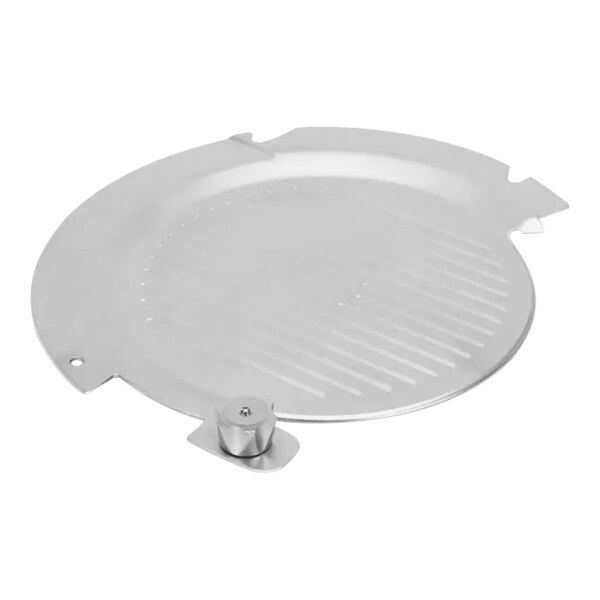 A round metal plate with a round metal lock knob.