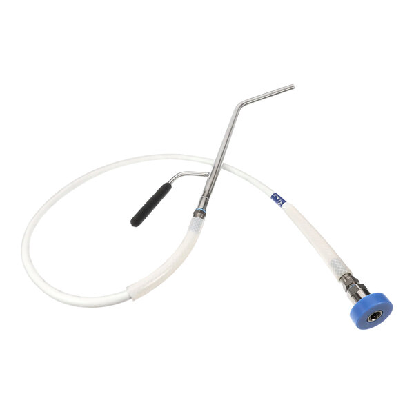 A white tube with a blue handle.