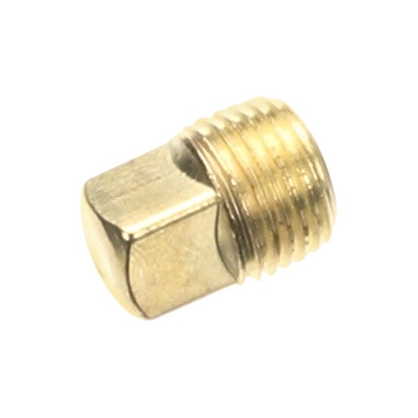 A close-up of a brass metal nut with a square head.