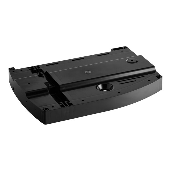 A black, rectangular plastic component with various cutouts, holes, and raised sections, likely serving as a protective or structural cover.