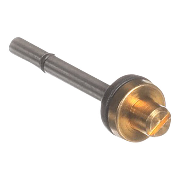 A gold metal stem valve with a black knob.