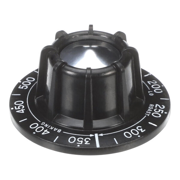 A black and white Hobart oven control knob with a round center.