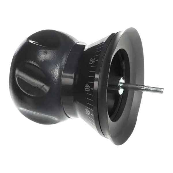 A black round knob with a screw on it.