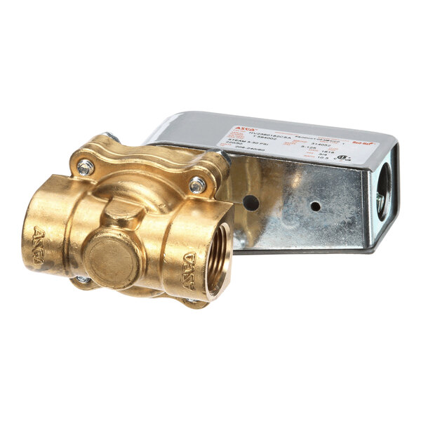 A close-up of a Hobart brass solenoid valve with a gold metal cover.