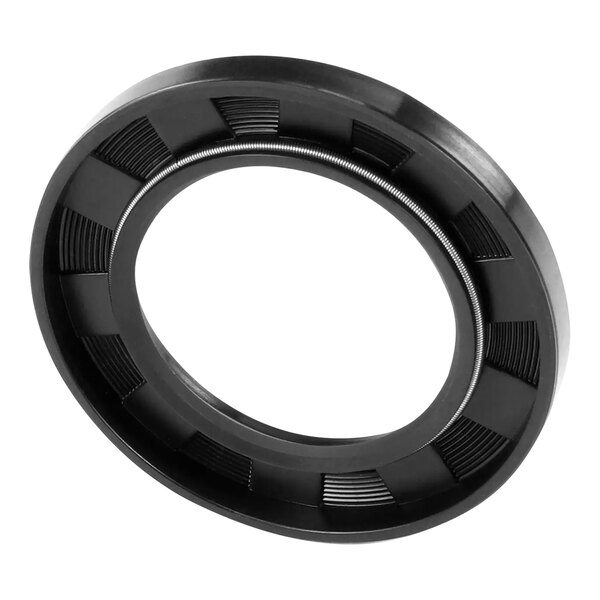 A black circular seal ring with a metal strip.