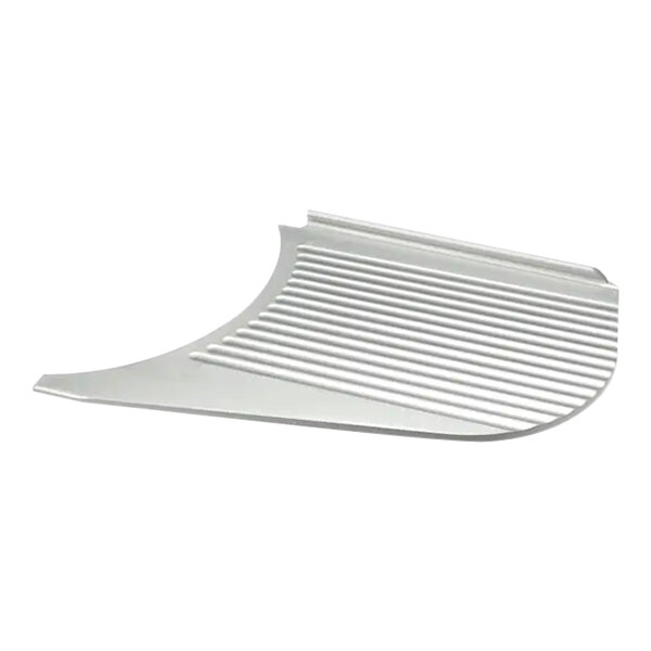 A silver metal Hobart gauge plate with lines on a curved edge.