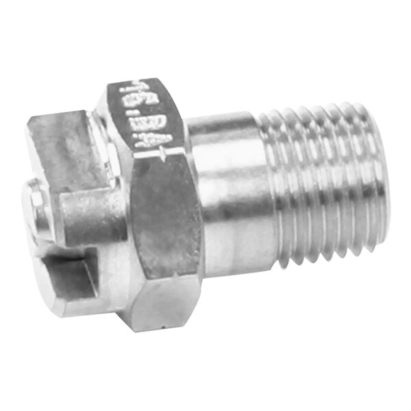 A stainless steel threaded Hobart nozzle.