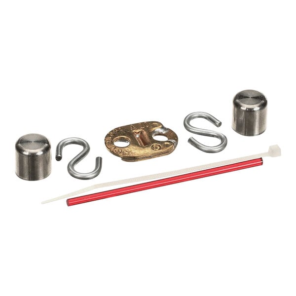 A group of metal parts including a red metal rod.