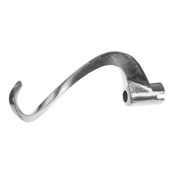A silver Hobart dough hook with a hole in the handle.
