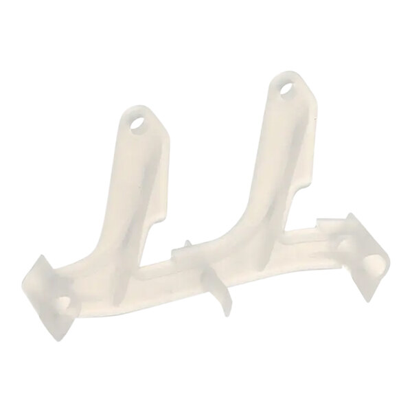 Two white plastic Hobart flight standard links with holes.