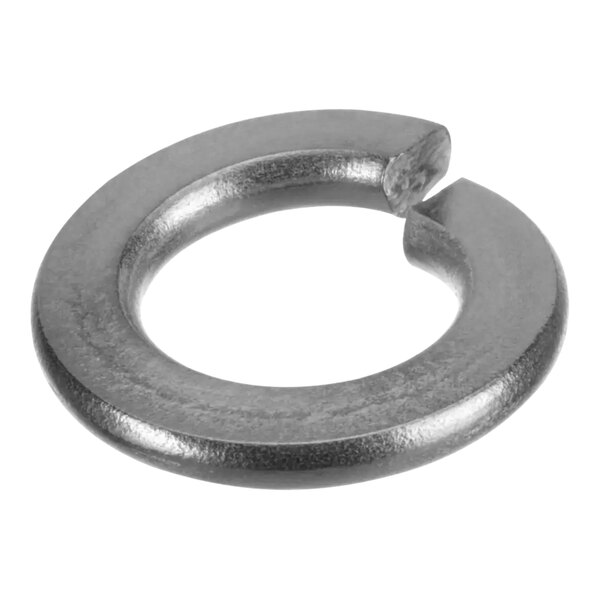 A close-up of a stainless steel Hobart lockwasher with a hole in it.