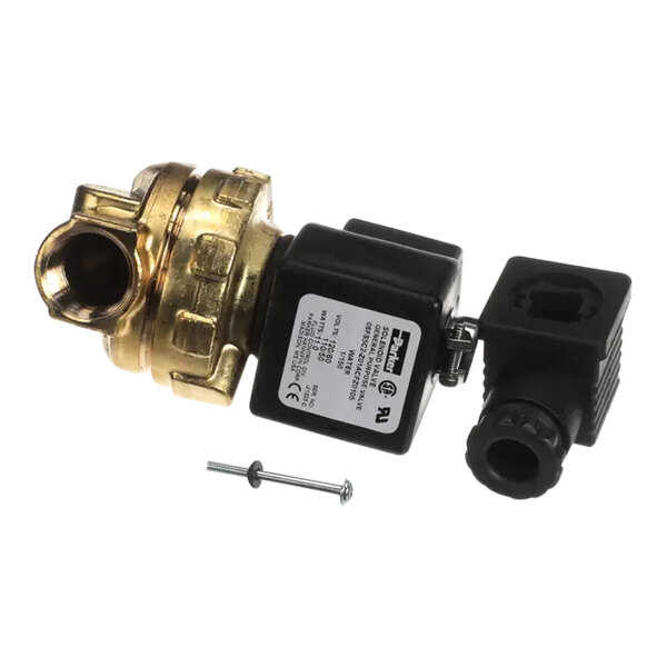 A close-up of a brass and black Hobart solenoid valve.