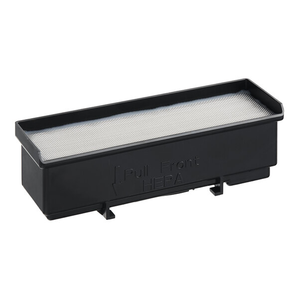 A black rectangular Lavex HEPA filter with a white cover.